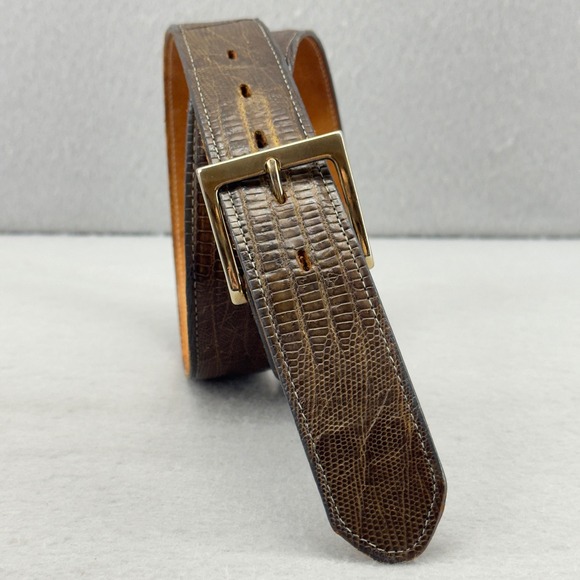 Justin Mens Designer Lizard Leather Belt Brown Gold Buckle Size 38 - Picture 1 of 10
